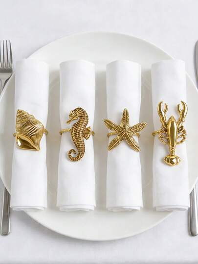 12 piezas Anillos para servilletas con forma de estrella de mar dorada, estilo océano con caballito de mar, langosta y caracol, decoración de mesa adecuada para decoración de habitación, mesa de comedor, decoración del hogar, decoración de fiesta, apta para vacaciones, fiestas, reuniones, cumpleaños, bodas, regalos, cenas, al aire libre, picnics