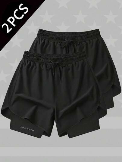 2条装女士运动短裤，二合一运动短裤，黑色健身裤多件装