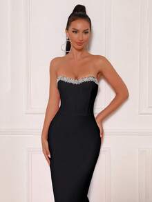 优雅水钻装饰抹胸鸡尾酒礼服，适合假日派对 - 黑色 - 查看 6