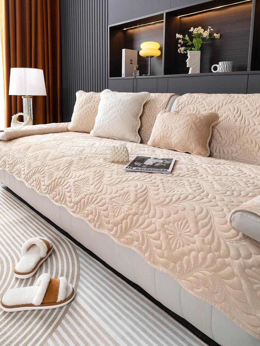 1 pieza Funda de cojín de sofá de peluche bordada, funda de sofá con patrón de hoja de unicolor y floral, antideslizante y antirasguños, adecuada para todas las estaciones, fácil de limpiar, decoración navideña y del hogar, se ajusta a sofás de 1/2/3/4 plazas - Marrón - Ver 1