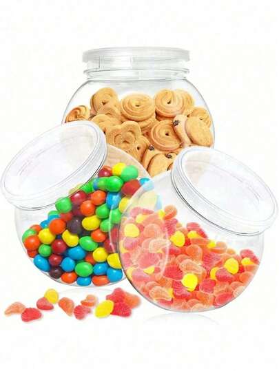 1/3/5pcs 350ml Transparent Plastic Jars With Lids, Wide Mouth Design, Suitable For Storing Candies, Gummies, Cookies And Snacks On Kitchen Counter, Also Can Be Used For Home Decor, Party And Holiday Storage
