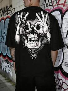 Áo thun nam tay ngắn dáng rộng phong cách Gothic Punk in hình đầu lâu, kiểu dáng đường phố. - màu đen - Xem 1