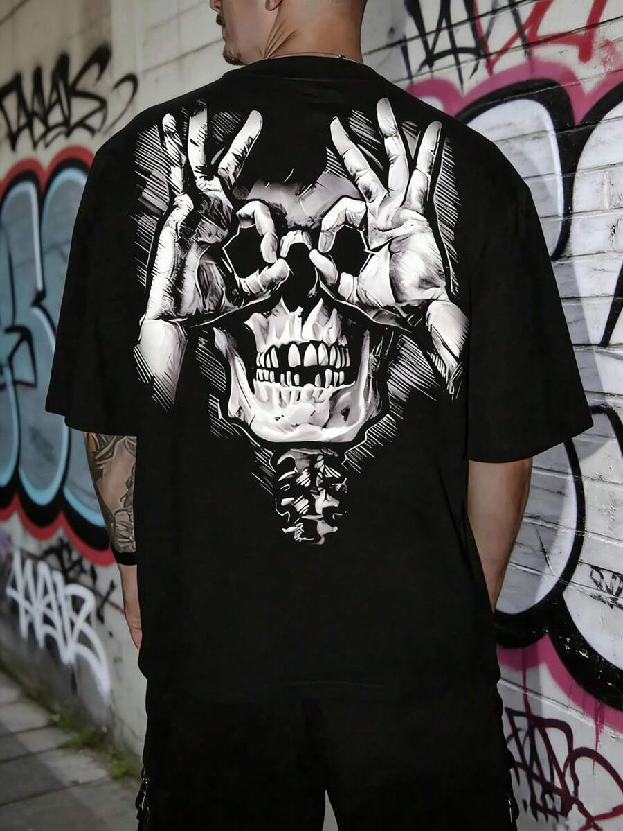 Áo thun nam tay ngắn dáng rộng phong cách Gothic Punk in hình đầu lâu, kiểu dáng đường phố. - màu đen - Xem 1