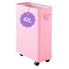 Cesta de lavandería delgada de 42 litros con ruedas cesta de lavandería enrollable para espacios pequeños cesta plegable de ropa sucia Oxford 600D con freno y asa cesta de lavandería - Rosa - Ver 1