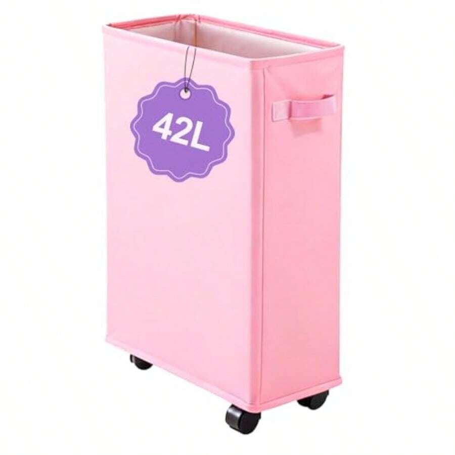 Cesta de lavandería delgada de 42 litros con ruedas cesta de lavandería enrollable para espacios pequeños cesta plegable de ropa sucia Oxford 600D con freno y asa cesta de lavandería - Rosa - Ver 1