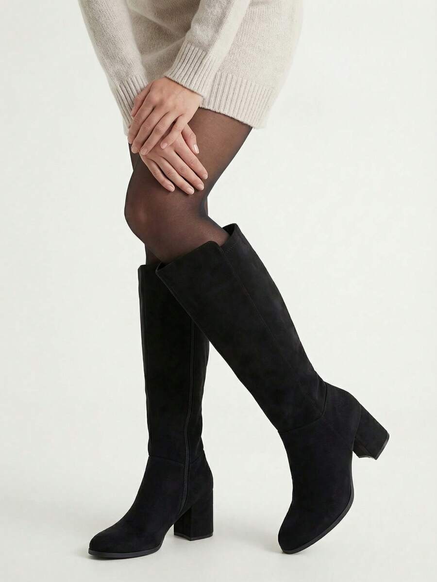 Botas altas de gamuza cómodas para otoño/invierno 2025, clásicas y a juego, perfectas con vestidos negros, de punta redonda, con cremallera lateral, tacón grueso, estilo ecuestre hasta la rodilla para mujeres