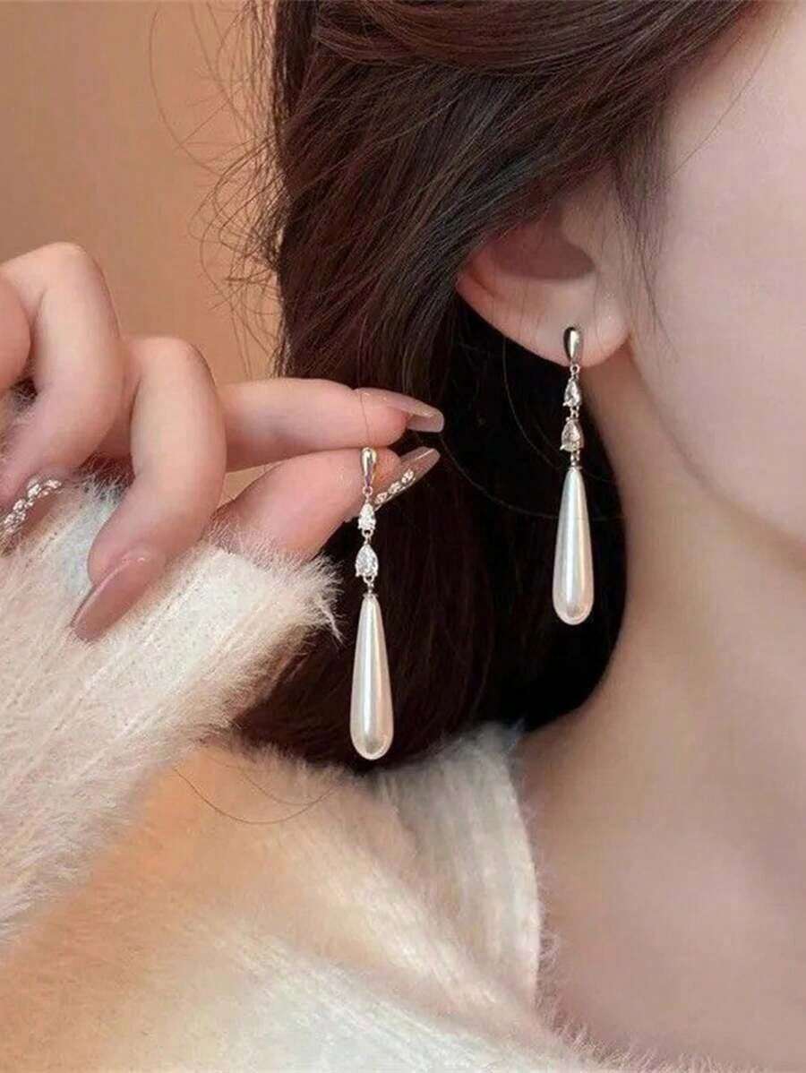 Topshiny 1pair White Chinese-Style Bridal Pearl Teardrop Earrings, Elegant Long Stud Dangle Earrings For Women, Suitable For Daily Wear, Weddings, And Parties - 白色 - 查看 1