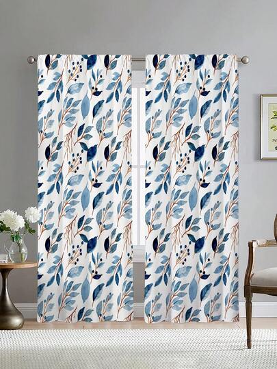 ستارتان بنمط مائي لأغصان وأوراق باللونين الأزرق والأبيض، بدون ثقوب، مناسبة لغرفة النوم والمكتب والمطبخ وغرفة المعيشة والمكتبة وديكور المنزل