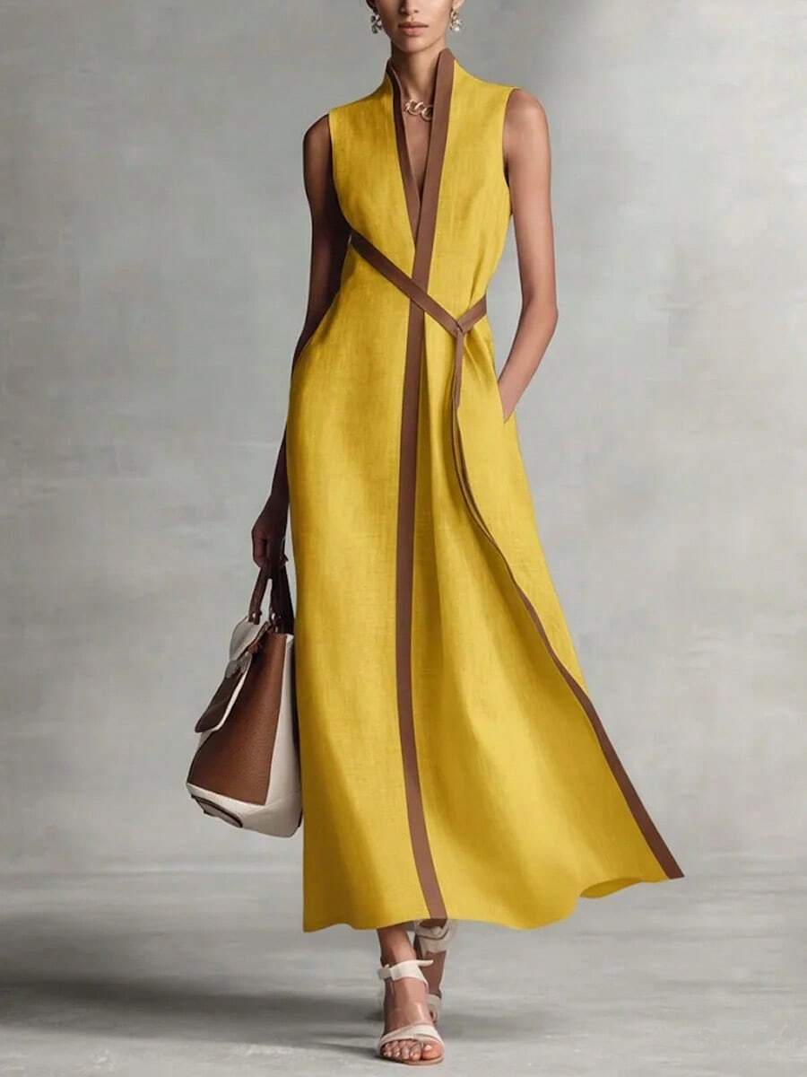 European And American Style 2026 Summer New Style Stand Collar Sleeveless Casual Color Blocking Loose Vestidos - Màu vàng - Xem 1