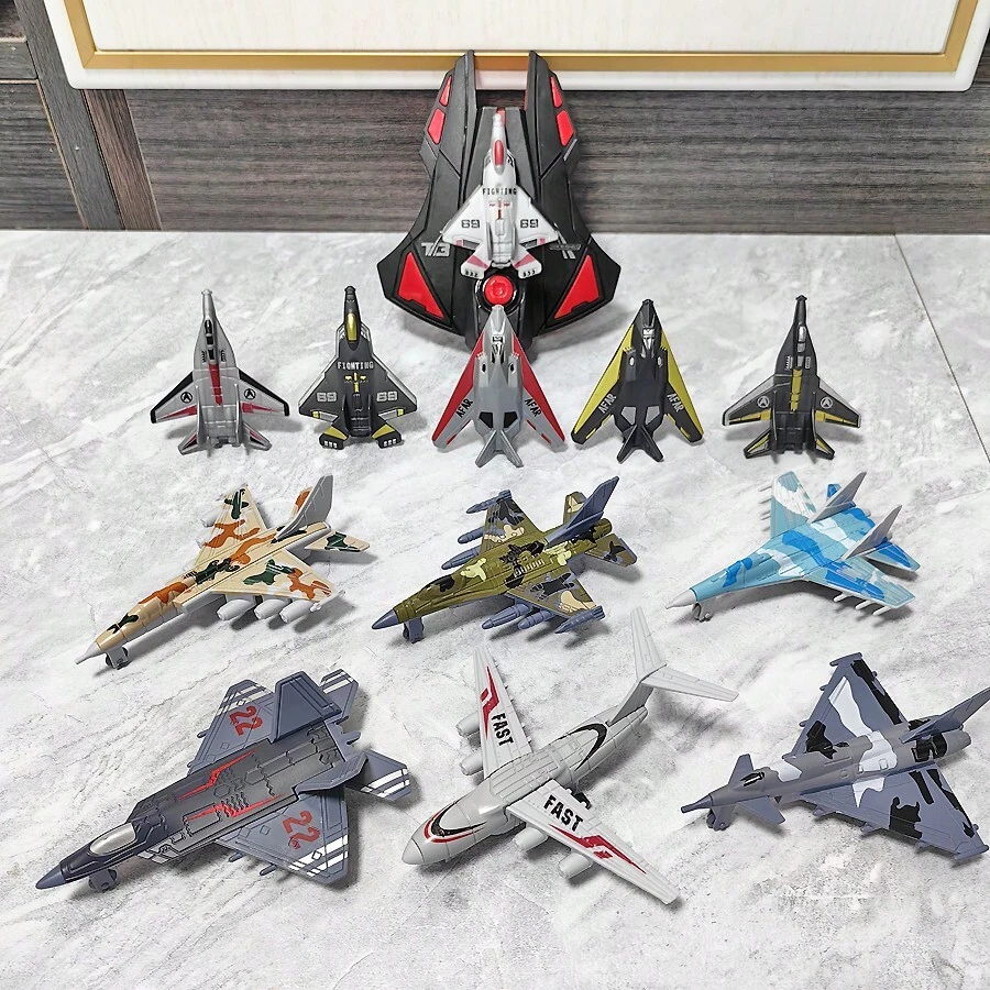 6 piezas de juguetes de modelos de avión de aleación con lanzador negro, aviones de combate de lanzamiento/catapulta, adecuados para regalos de cumpleaños, Navidad y Año Nuevo para niños