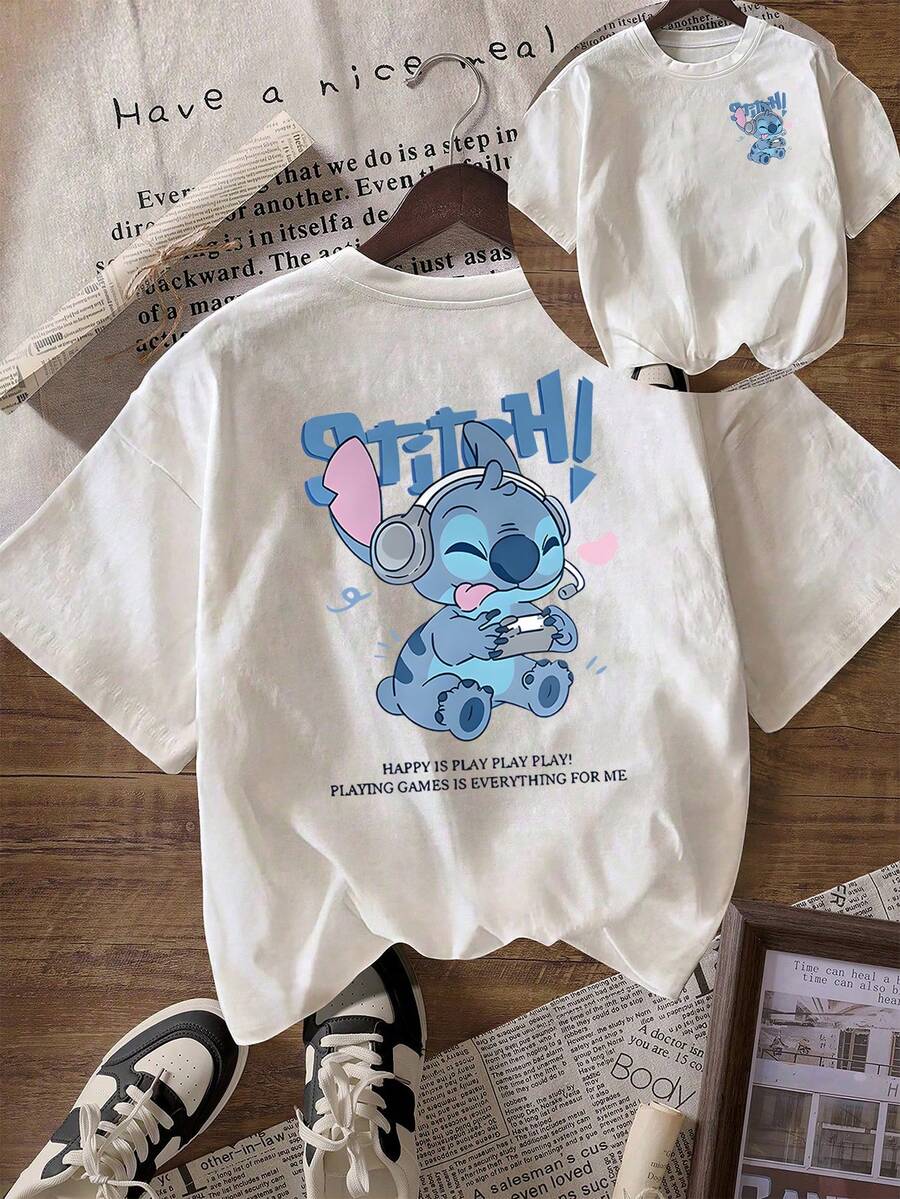 Disney Gamer Stitch T-Shirt: White Oversized Cotton Tee With Fun Gaming Style Graphic, Perfect For Lilo & Stitch Fans, Casual Wear And Gift - trắng - Xem 1