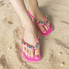 Summer Rhinestone Fashionable Square Toe Thick Sole Flip Flops - Comfortable, Non-Slip, Wear-Resistant Beach Vacation Sandals - Attractive Party Evening Versatile Slippers - Plum Red - View 1