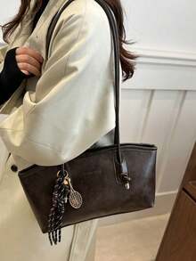Bolsa de boliche de Pu cor café com zíper e estampa de losangos, grande capacidade, estilo sacola, com toque aveludado, modelo retrô, com detalhe de corda, ideal para uso diário feminino. Bolsa com laço na moda para mulheres. - Café - Ver 5