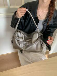 1 件装简约复古荔枝纹女士软皮单肩托特包，女士手提包，秋冬新款女士单肩包，秋季最佳手提包，女士休闲手提包 - 銀色 - 查看 3