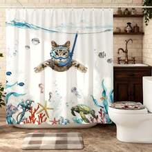 趣味浮潜猫海洋探险主题浴帘，防水防霉涤纶材质，浴室装饰，充满奇趣海洋风情，加厚隐私帘，适用于淋浴房和浴缸，易于安装、清洁、快干，时尚水下图案，不褪色，防水，必备淋浴配件 - 白色 - 查看 5