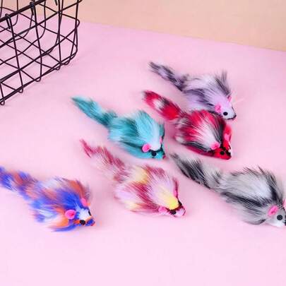 4 件宠物猫玩具 - 兔皮、2 种颜色塑料老鼠、毛绒老鼠 - 室内猫咪互动玩耍和锻炼玩具