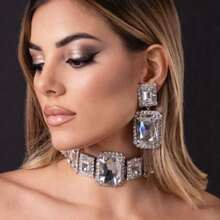 时尚闪亮水晶项链耳环套装，新娘婚礼派对项链耳环配饰 - 彩色 - 查看 1