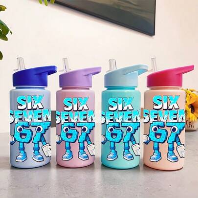 1pc - 500ml/16.9oz Large Capacity Cartoon Theme Solid Color Sports Water Bottle, Featuring 67 Pixel Letter Design, With Slanted Spout, Convenient Handle And Flip Cap. Suitable For Sports Occasions, Also Can Be Given As Birthday Gift.