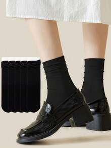 5双装女士薄款透气短袜，黑色卷边中筒袜，夏季凉爽无骨袜 - 黑色 - 查看 4