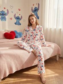 Disney Bộ đồ ngủ nữ 2 món gồm áo khoác cardigan in hình trái tim và quần dài tay xếp ly kiểu dáng thường ngày. - trắng - Xem 4