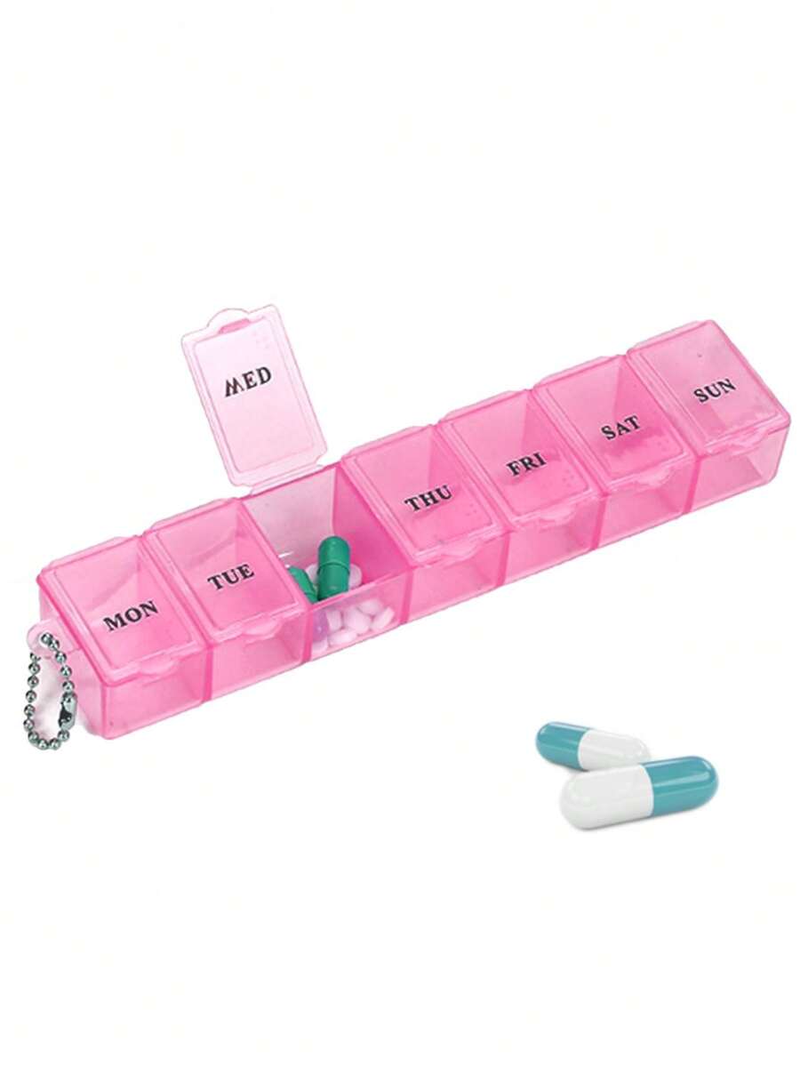 1pc Portable 7-Compartment Transparent Pill Case - Pink - View 1