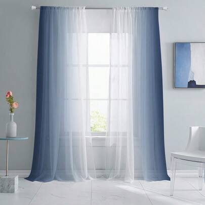 2pcs Blue-White Gradient Sheer Curtains, Semi-Transparent, Modern Minimalist Style, Suitable For Living Rooms, Bedrooms And Dining Rooms, Rod-Mounted.
