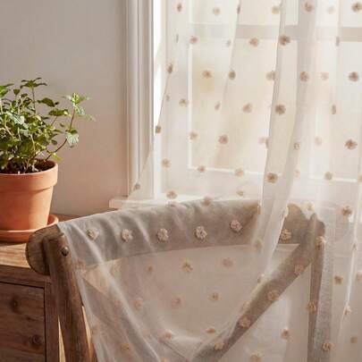 1pc Flocked Cut-Out Pom Pom Tulle Curtain, Cute Decorative Sheer Curtain For Girl's Room, Breathable Summer Window Curtain For Privacy