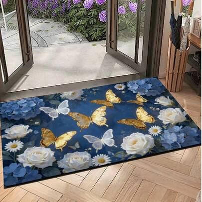 1pc Navy Blue Floral & Butterfly Pattern Entrance Mat, Doormat, Outdoor Rug, Living Room Carpet, Small Rug, Hallway Rug, Bedroom Rug, Washable Doormat