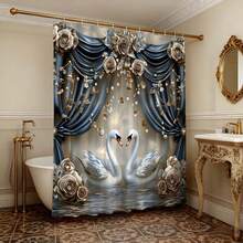 Cortina de ducha con rosas y cisne azul y dorado, decoración romántica para el baño, juego de baño de lujo con cortina de ducha, cortina de baño impermeable, decoración elegante para el baño, juego de baño que incluye cortina de ducha, cortina de baño azul y dorada, cortina de partición de baño sofisticada, decoración de baño con tema de boda, cortina de baño de tela gruesa, juego de baño opulento para el hogar - Azul y blanco - Ver 2