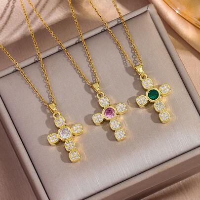 1pc 18K Gold Plated Shiny Cubic Zirconia Cross Necklace, Tri-Color Options, Luxurious Stainless Steel Necklace Suitable For Women's Daily Wear