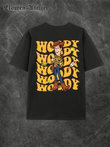 Disney Casual Women's Black Cotton Short Sleeve Round Neck T-Shirt With Woody Toy Story Print For Everyday Wear - 黑色 - 查看 2