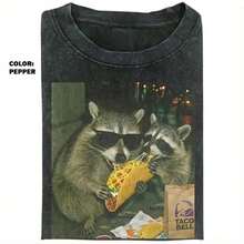 Washed T-Shirt,,Raccoon Eating Tacos Sweatshirt, Silly Shirt Gift, Vintage Tee , Unisex Graphic Hoodie, Funny Tee, Tacos Lover Raccoon Shirt,Summer Tops,Summer Outfits For Women - 黑色 - 查看 7