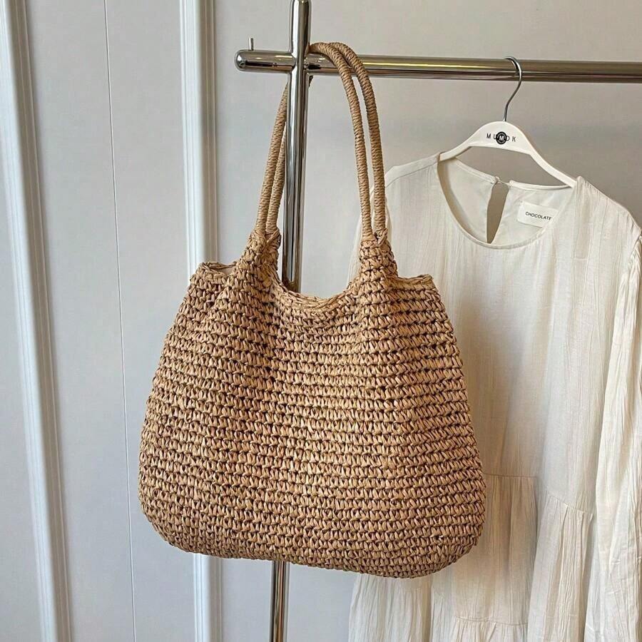 Fashion Straw Bag Large Capacity Beach Bag Summer Fashion Women's Bag Tote Shoulder Bag , Beach Bag , Summer - 卡其色 - 查看 1