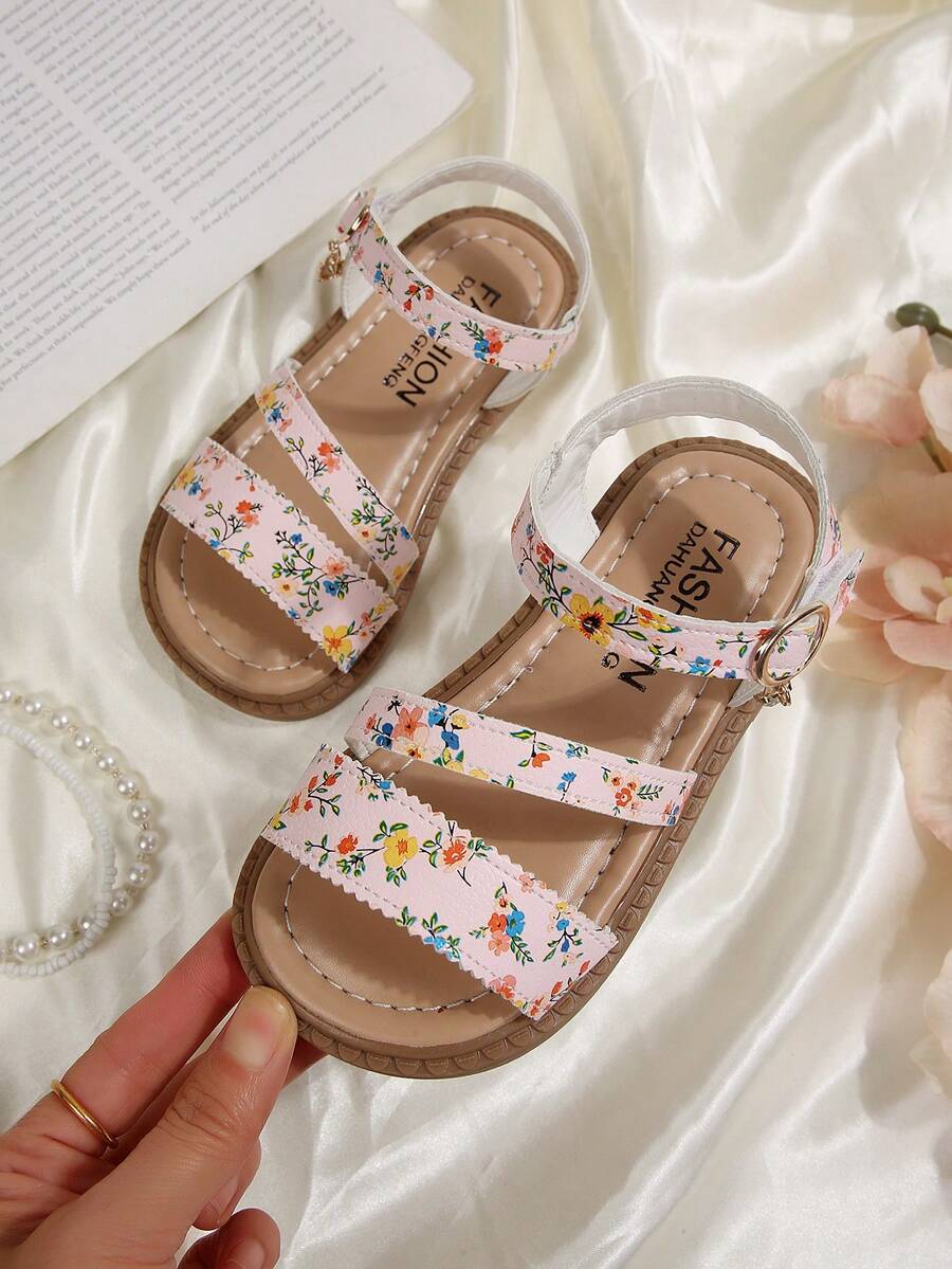 1 Pair Girls' Light Pink Sandals With Colorful Floral Print, White Hook And Loop Strap For Easy On/Off - Pink - View 1