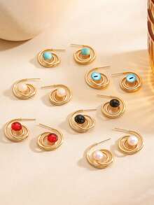 时尚简约镂空圆环珍珠耳环，自由复古设计 - 低过敏性，手工制作，个性耳环，母亲节礼物 - 彩色 - 查看 5