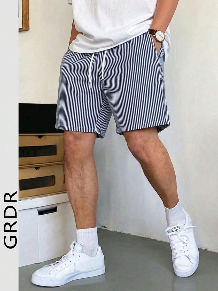 Quần short nam kẻ sọc phong cách nghỉ dưỡng GRDR, quần dài thoải mái, năng động, tối giản, dài đến đầu gối. - Màu xanh lam - Xem 1