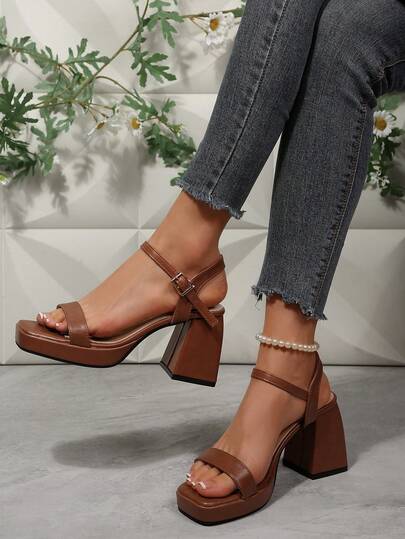 Women's Solid Color Elegant High Heel Sandals, Buckle Closure Chunky Heel