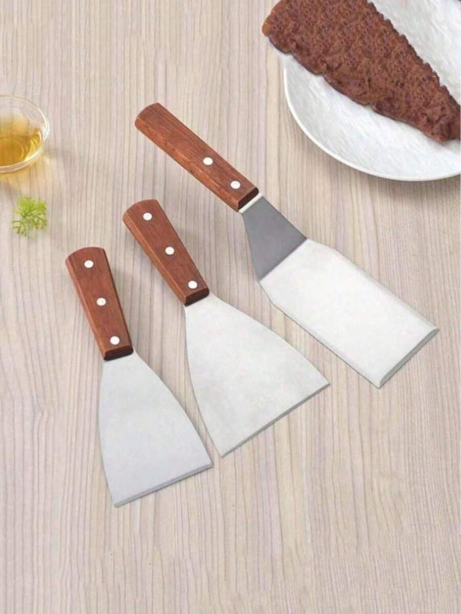 1 件装三面平底铲，不锈钢木柄 - 大号金属铲，不锈钢蛋糕铲，可用作厨房烹饪工具，适用于烧烤、烘焙、汉堡、煎饼和蛋糕。它是理想的烧烤和家用厨房工具、烹饪工具、厨房用品、家居装饰品，也是男女皆宜的礼物。