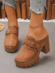 1 Pair Simple Solid Color Buckle Decor Comfortable Slip-On Women High Heel Platform Wedge Sandals, Closed Toe High Heels, Retro College Style For Spring/Summer Daily, Party, Music Festival, Brown - بني - مشاهدة 4