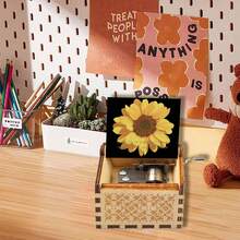 手摇木质音乐盒 - “你是我的阳光”向日葵图案，镌刻“做一朵向日葵，创造你自己的阳光”励志名言，无需电池，送给爱人的完美礼物 - 復古向日葵音樂盒 - 查看 3