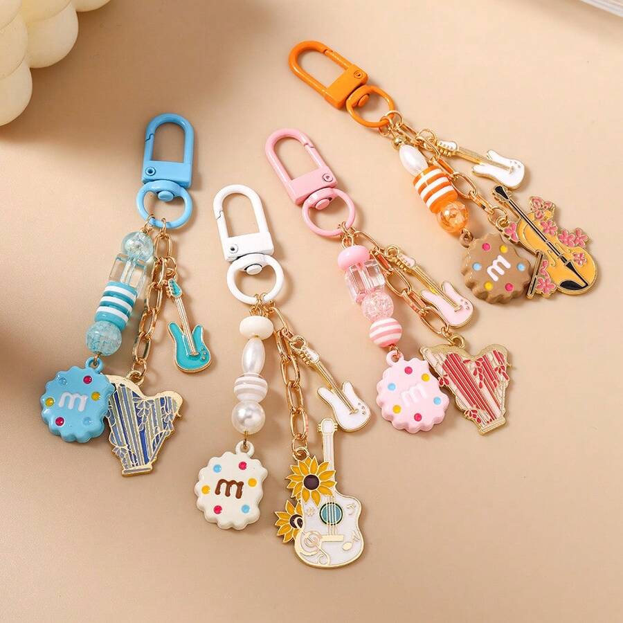 1pc New Beaded Cookie, Guitar, Violin, Harp Shaped Keychain, Bag Charm - Multicolor - View 1