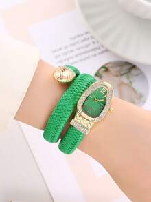Snake-Shaped Rhinestone Diamond Style Business Casual Quartz Watch, Elegant Women's Watch - Gold - View 6