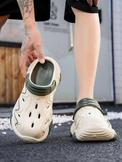 Men's Flame Pattern Sandals - Thick Sole Elevated Slide Sandals With Adjustable Heel Strap, Casual Beach & Outdoor Wear