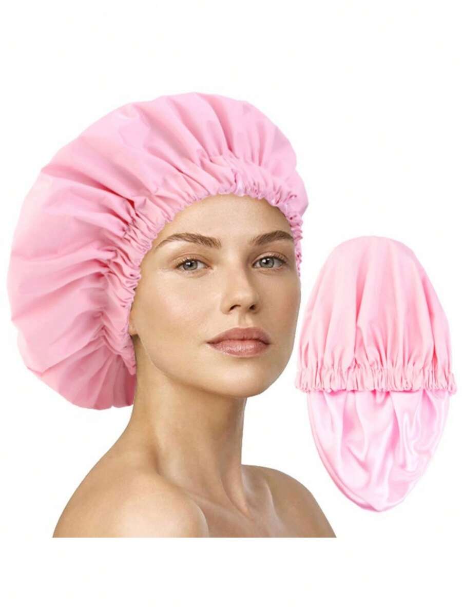 1个可重复使用的防水浴帽，浴帽发网，双层弹性设计，适合所有发型 - 加厚版 - 查看 1