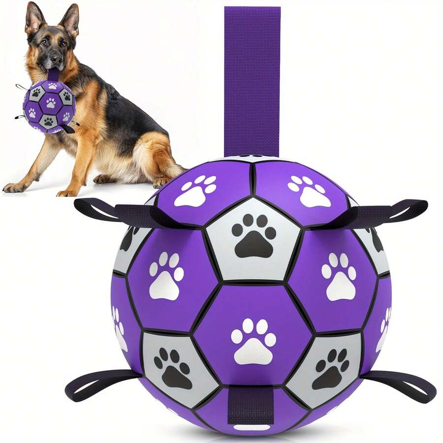 大型犬用足球玩具，带编织带，室内/室外拔河游戏，紫黑相间，适合小型/中型/大型犬，附带气泵，耐啃咬互动球，适合所有犬种，户外捡球和拔河游戏，防滑设计，结构坚固，宠物主人专属，狗狗用品，宠物礼物，节日礼物，新年礼物，复活节礼物