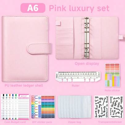 一套纯色笔记本，多种颜色可选，活页设计，包含8个拉链信封、12张记账卡、2张英文贴纸、7张多功能标签贴纸和一把尺子，适合频繁现金收支的用户。