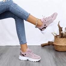 Fashion Leopard Print Lace-Up Trainers. Lightweight Mesh, Cushioned Sole And Flexible Design, Comfy For Gym, Walking And Everyday Casual Wear. - Pink - View 6