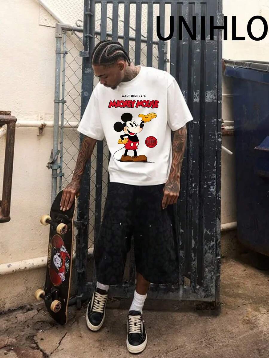Disney UNIHLO  Mickey  Print  Summer Casual Versatile Pure Cotton T-Shirt Suitable For Any Place - 白色 - 查看 1