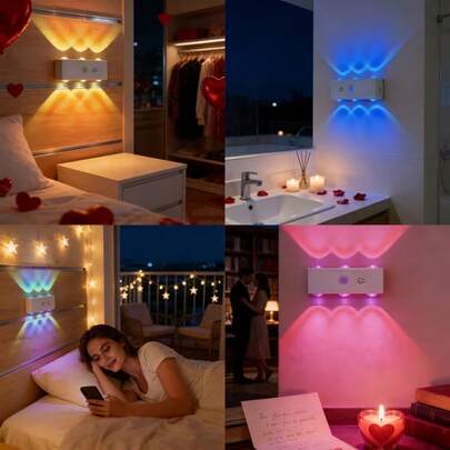 6LED Night Light With Motion Sensor, 3 Color Modes, Colorful Light + Magnetic Wall Lamp, Detachable Wall-Mounted Lighting With Lens, Upward And Downward Illumination, USB Rechargeable LED Light, Wireless Stair Light, Indoor Wooden Wall Lamp For Wardrobe, Corridor, Staircase, Living Room, Kitchen, Bedroom