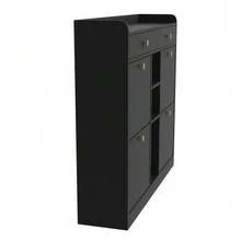Élégant meuble à chaussures noir avec 4 portes à charnières, 2 tiroirs et 3 compartiments ouverts – idéal pour les entrées et couloirs modernes, dimensions 110 x 26 x 100 cm - Voir 9